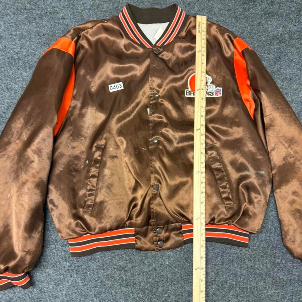 Vintage 90s Cleveland Browns NFL Paint Splatter Satin Bomber Jacket Mens L - Picture 7 of 8